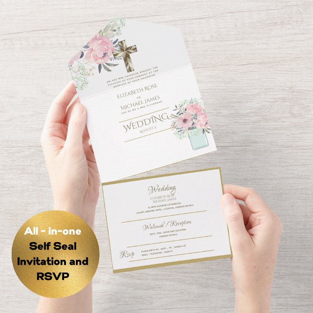 3in1 Catholic Wedding Invites Floral Gold RSVP (Creator Uploaded)