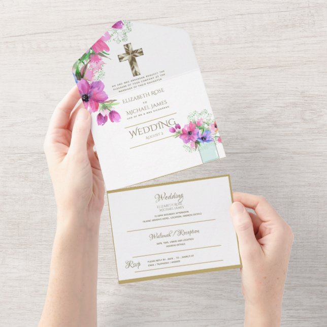 3in1 Catholic Wedding Invites Floral Gold RSVP (Tearaway)