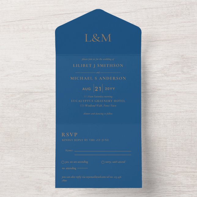 3in1 Classic Blue Gold Text Only Wedding Invite (Inside)