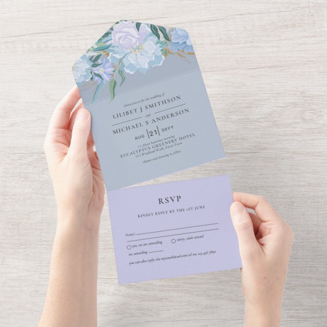3in1 Dusty Blue Lavender Floral Wedding RSVP All In One Invitation (Tearaway)