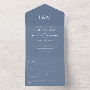 3in1 Dusty Blue White Text Only Wedding Invite