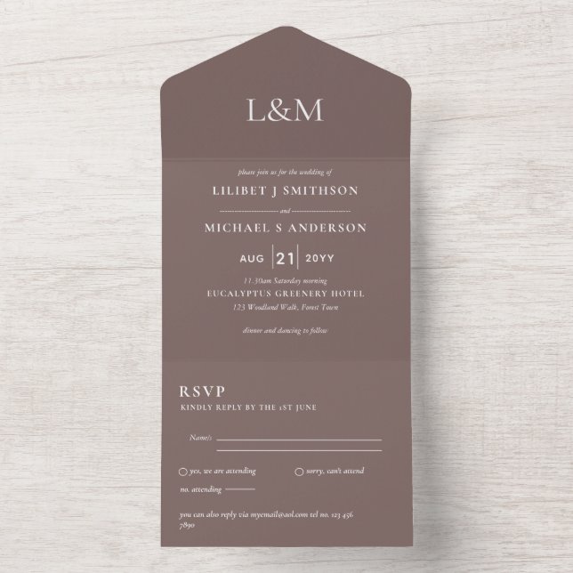 3in1 Earthy Taupe Text Only Wedding Invite RSVP (Inside)