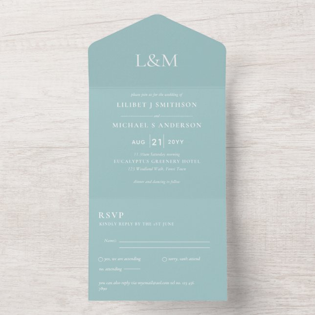 3in1 Eggshell Blue Text Only Wedding Invite RSVP (Inside)