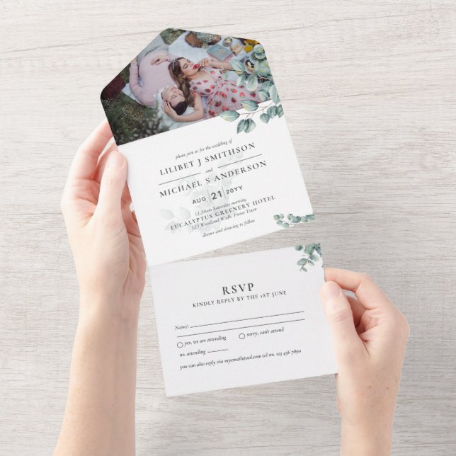 3in1 Eucalyptus Greenery PHOTO Wedding INVITE RSVP (Tearaway)