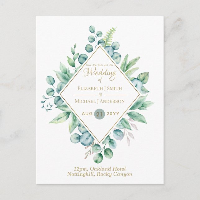 3in1 - Eucalyptus Save Date, Wedding Invite RSVP Postcard (Front)