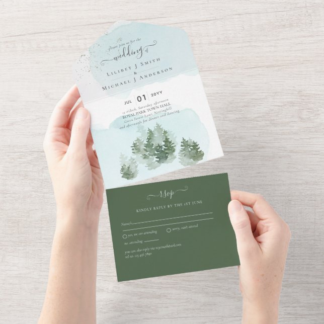 3in1 Forest Pine Trees Mountain Wedding RSVP  All In One Invitation (Tearaway)