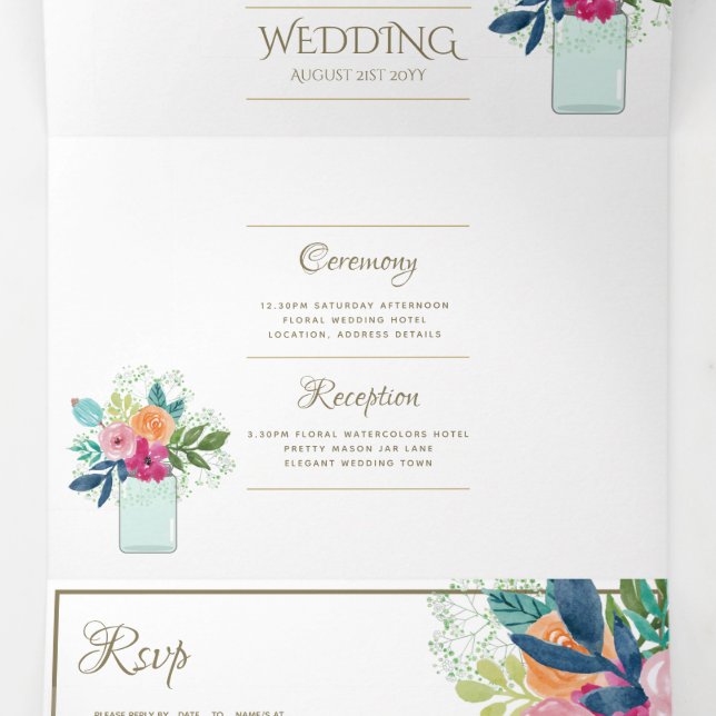 3in1 Fuschia Floral Wedding Invite and RSVP  (Inside Middle)
