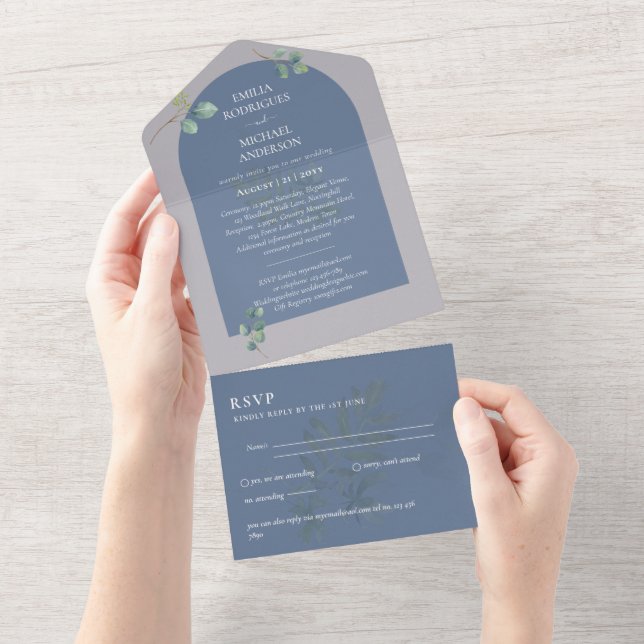 3in1 Greenery Eucalyptus Arch Wedding RSVP All In One Invitation (Tearaway)