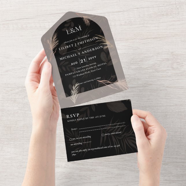 3in1 Minimalist Pampas Grass TYPOGRAPHY Wedding All In One Invitation (Tearaway)