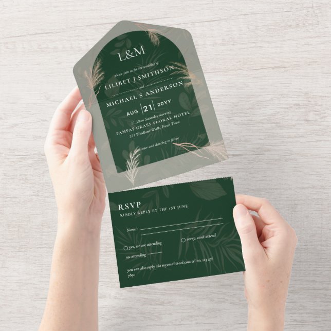 3in1 Minimalist Pampas Grass TYPOGRAPHY Wedding All In One Invitation (Tearaway)