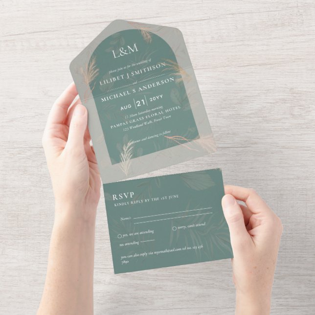 3in1 Minimalist Pampas Grass TYPOGRAPHY Wedding All In One Invitation (Tearaway)