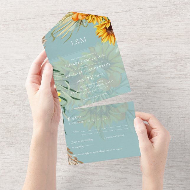 3in1 Monogram Sunflowers Pampas Grass Wedding RSVP All In One Invitation (Tearaway)
