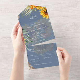 3in1 Monogram Sunflowers Pampas Grass Wedding RSVP All In One Invitation