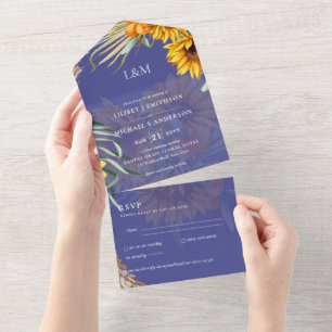 3in1 Monogram Sunflowers Pampas Grass Wedding RSVP All In One Invitation