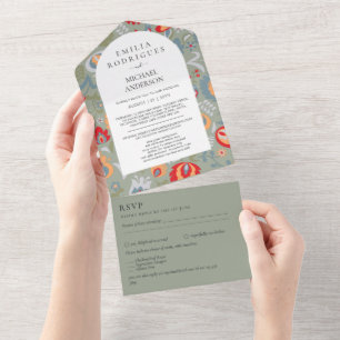 3in1 Olive Green Folk Art Floral PHOTO Floral All In One Invitation