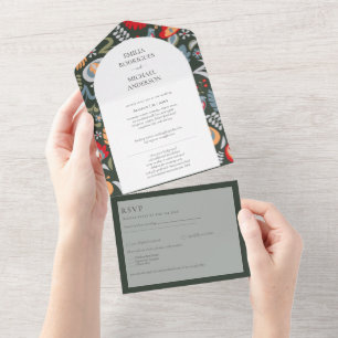 3in1 Olive Green Folk Art Floral PHOTO Floral All  In One Invitation
