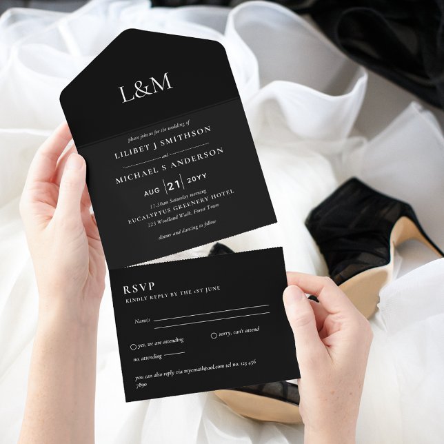 3in1 Onyx Black Text Only Wedding Invite RSVP (Creator Uploaded)