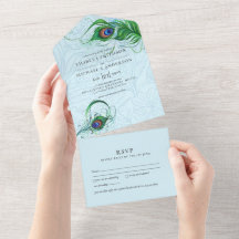 3in1 Peacock Blue Green Feather Wedding RSVP All I