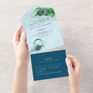 3in1 Peacock Blue Green Feather Wedding RSVP All I In One Invitation