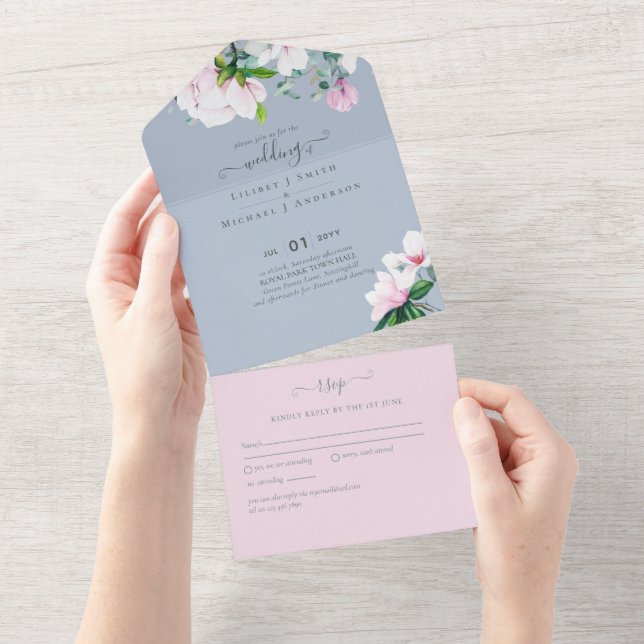 3in1 Pink Magnolias Dusty Blue Eucalyptus Wedding All In One Invitation (Tearaway)