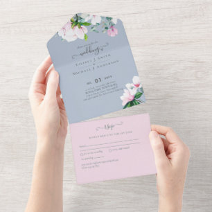 3in1 Pink Magnolias Dusty Blue Eucalyptus Wedding All In One Invitation