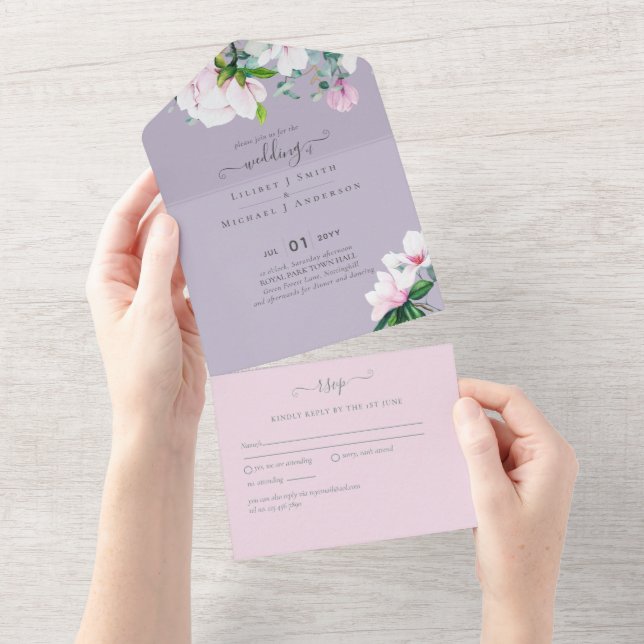 3in1 Pink Magnolias Lavender  Eucalyptus Wedding All In One Invitation (Tearaway)