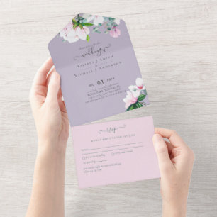 3in1 Pink Magnolias Lavender Eucalyptus Wedding All In One Invitation