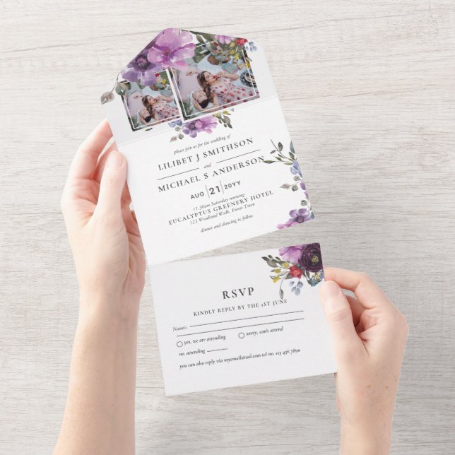 3in1 Purple Lavender PHOTO Wedding INVITE RSVP (Tearaway)