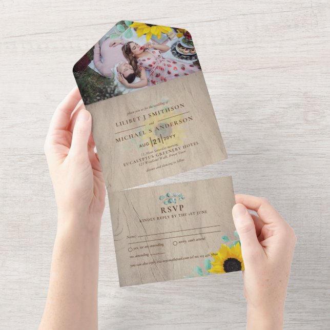 3in1 Rustic Sunflowers Eucalyptus Wedding RSVP All In One Invitation (Tearaway)