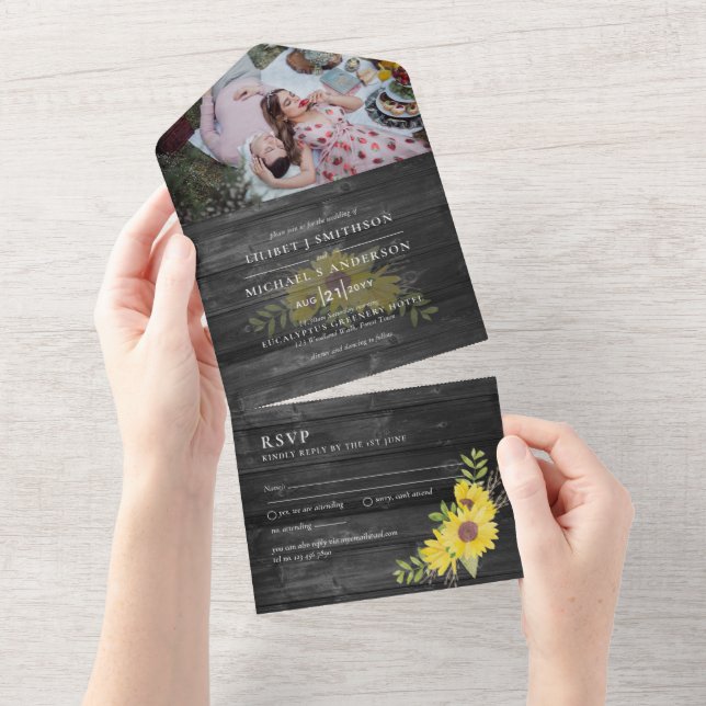 3in1 Rustic Sunflowers Woodland  Wedding RSVP All  All In One Invitation (Tearaway)