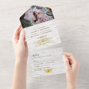 3in1 Rustic Sunflowers Woodland  Wedding RSVP All  In One Invitation