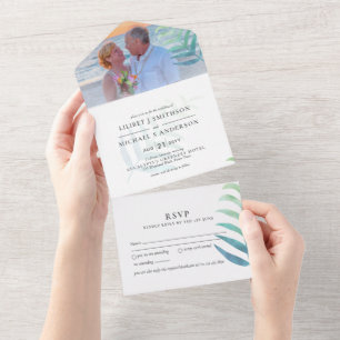 3in1 Tropical Palm Beach PHOTO Wedding Budget RSVP All In One Invitation