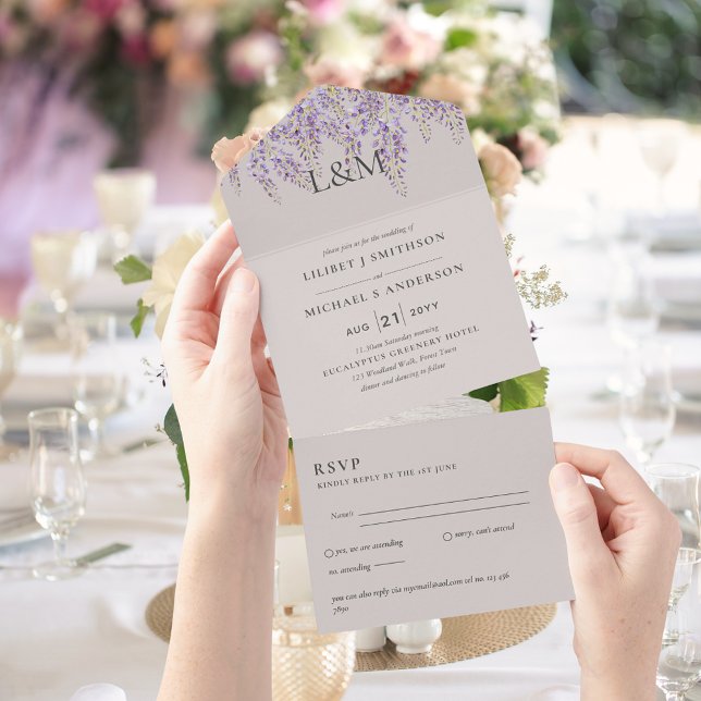 3in1 Wisteria Sand Floral Wedding Invite RSVP (Creator Uploaded)