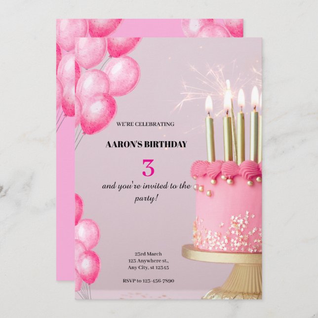3nd Birthday Invitation – Cute & Customisable Part (Front/Back)