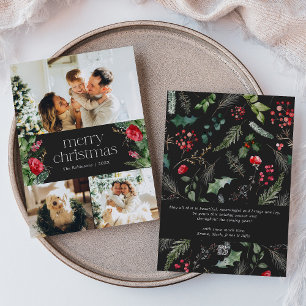 3Photo Dark Grey Botanical Foliage Merry Christmas Holiday Card