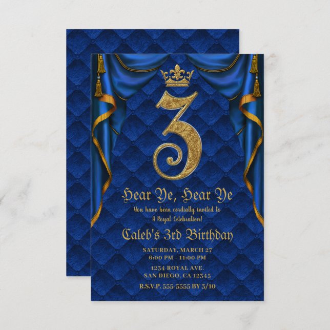 3rd 3 THREE Birthday Party Royal Blue Gold Crown  Invitation (Front/Back)