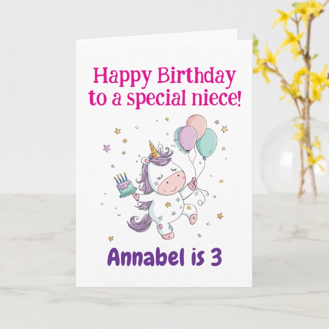 3rd, 4th, 5th, 6th Birthday Niece, Cute Unicorn  Card (Yellow Flower)