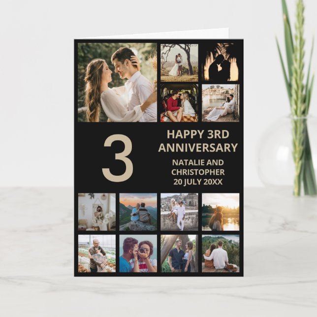 3rd Anniversary 13 Photo Collage Black and Gold Card (Front)