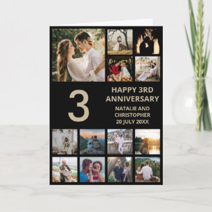 3rd Anniversary 13 Photo Collage Black and Gold Card