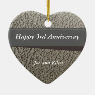 3rd Anniversary, Faux Leather Anniversary Heart Ceramic Tree Decoration