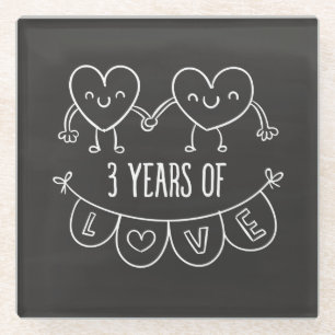 3rd Anniversary Gift Chalk Hearts Glass Coaster