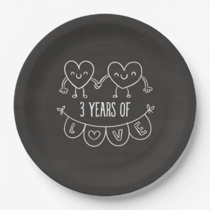 3rd Anniversary Gift Chalk Hearts Paper Plate