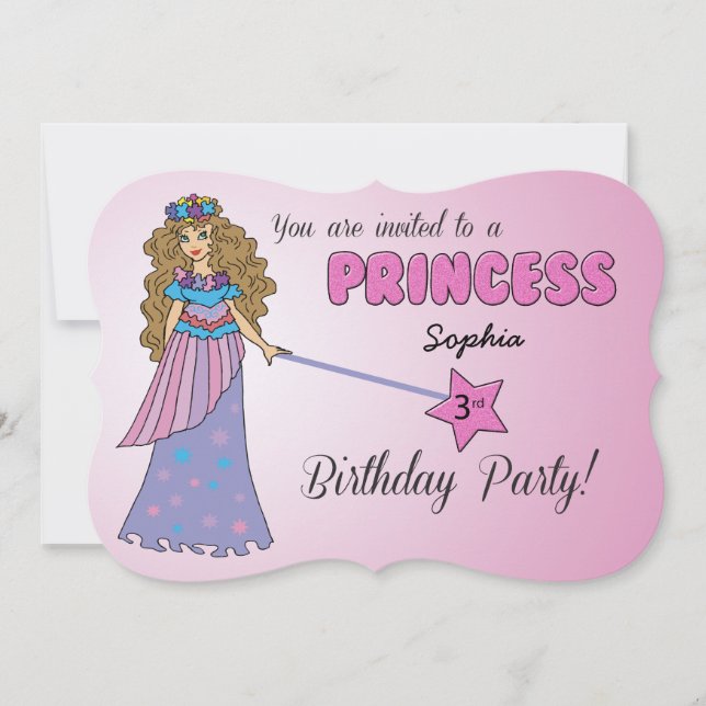 3rd Bday Invitation Pink Princess w/ Sparkly Wand (Front)