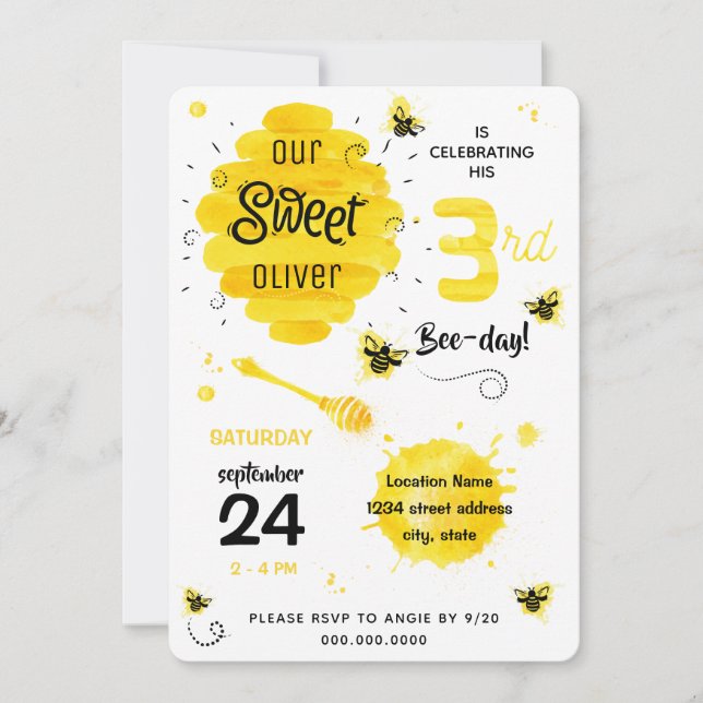 3rd BEEday Honey Bee Yellow Third Birthday Party Invitation (Front)