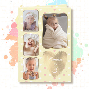 3rd Birthday 4 Picture Yellow Gold Pink Hearts Card