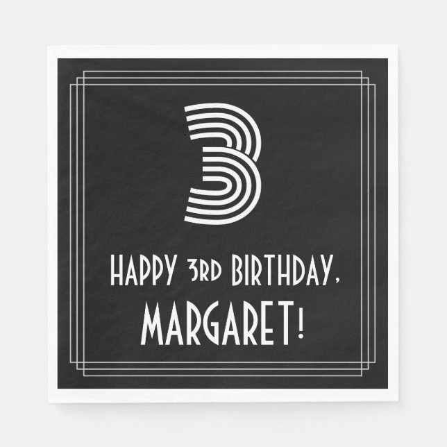 3rd Birthday: Art Deco Inspired Look "3" + Name Napkin (Front)