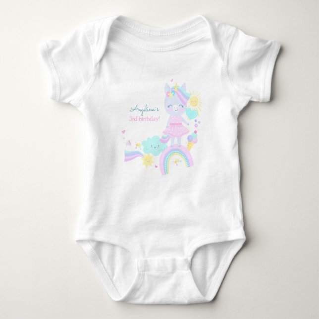 3rd birthday Baby Bodysuit with a funny unicorn. (Front)