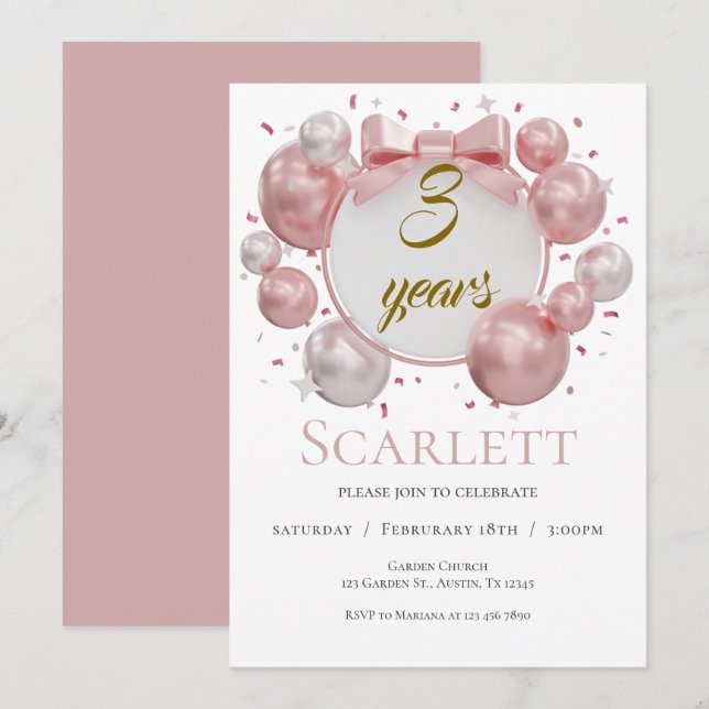 3rd birthday balloons and pink bows invitation (Front/Back)
