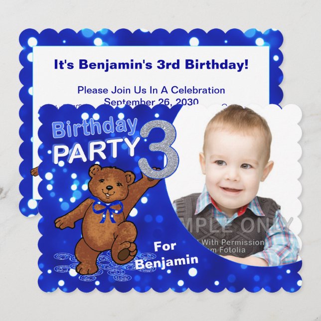 3rd Birthday Bear Party Custom Photo Invitation (Front/Back)