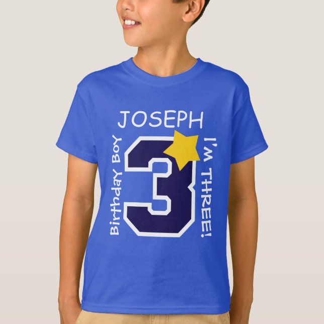 3rd Birthday Boy BLUE One Year Custom Name A02A T-Shirt (Front)